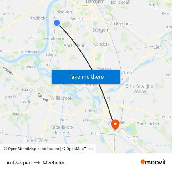Antwerpen to Mechelen map