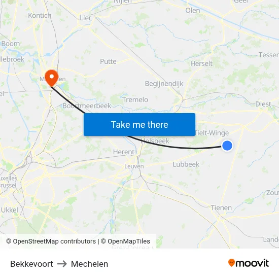 Bekkevoort to Mechelen map