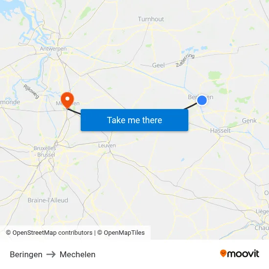 Beringen to Mechelen map