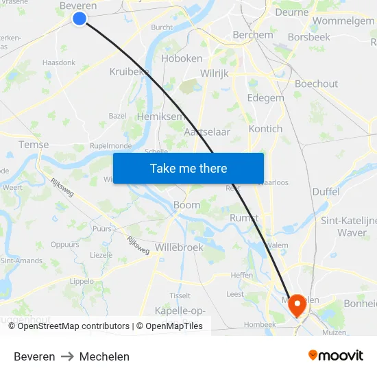 Beveren to Mechelen map