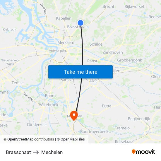 Brasschaat to Mechelen map