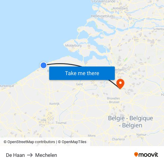De Haan to Mechelen map