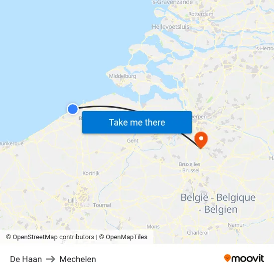 De Haan to Mechelen map