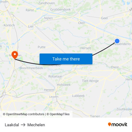 Laakdal to Mechelen map