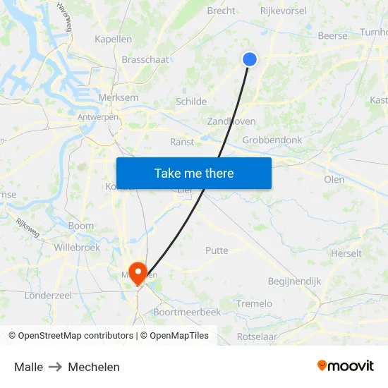 Malle to Mechelen map