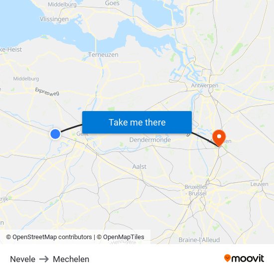 Nevele to Mechelen map