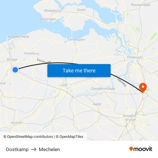Oostkamp to Mechelen map
