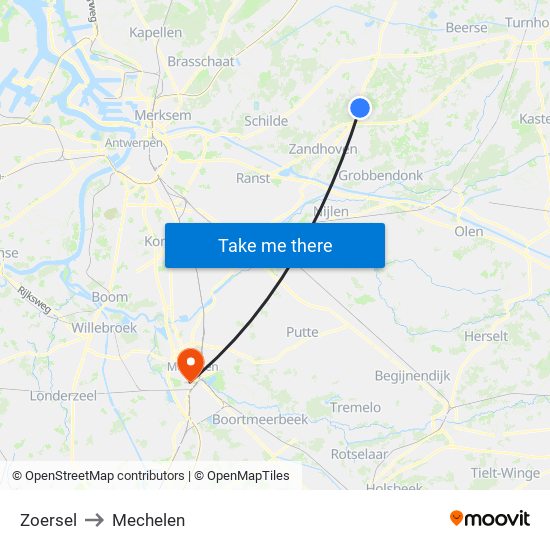Zoersel to Mechelen map