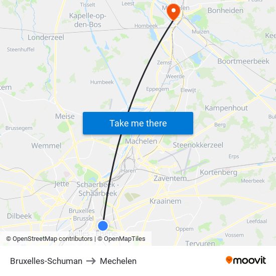 Bruxelles-Schuman to Mechelen map