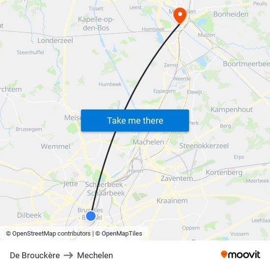 De Brouckère to Mechelen map