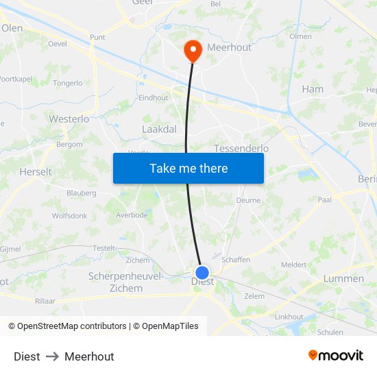 Diest to Meerhout map