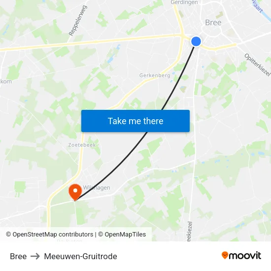 Bree to Meeuwen-Gruitrode map