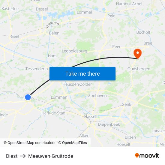 Diest to Meeuwen-Gruitrode map