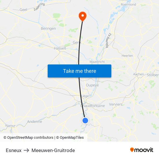 Esneux to Meeuwen-Gruitrode map