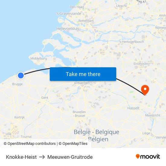 Knokke-Heist to Meeuwen-Gruitrode map