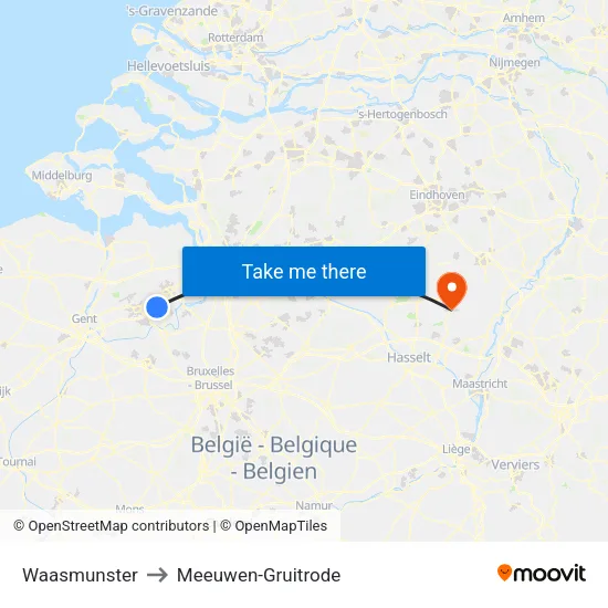 Waasmunster to Meeuwen-Gruitrode map