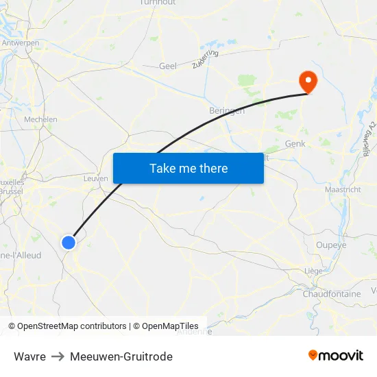 Wavre to Meeuwen-Gruitrode map