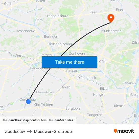 Zoutleeuw to Meeuwen-Gruitrode map