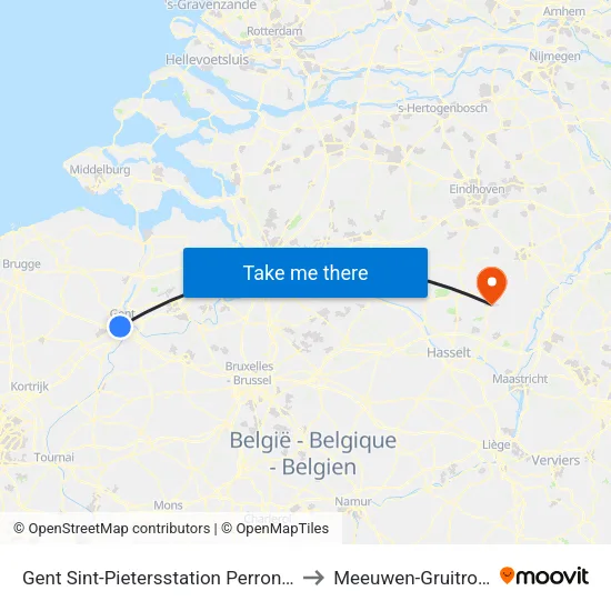 Gent Sint-Pietersstation Perron 20 to Meeuwen-Gruitrode map
