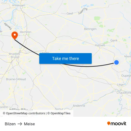 Bilzen to Meise map