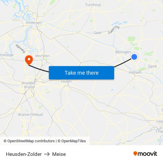 Heusden-Zolder to Meise map