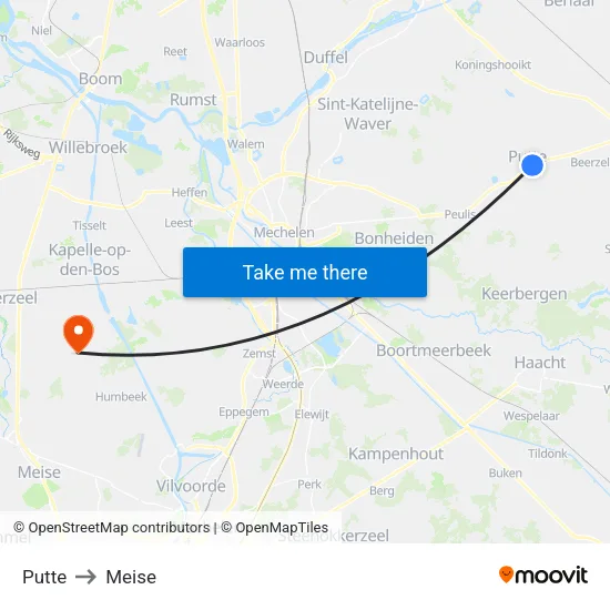Putte to Meise map