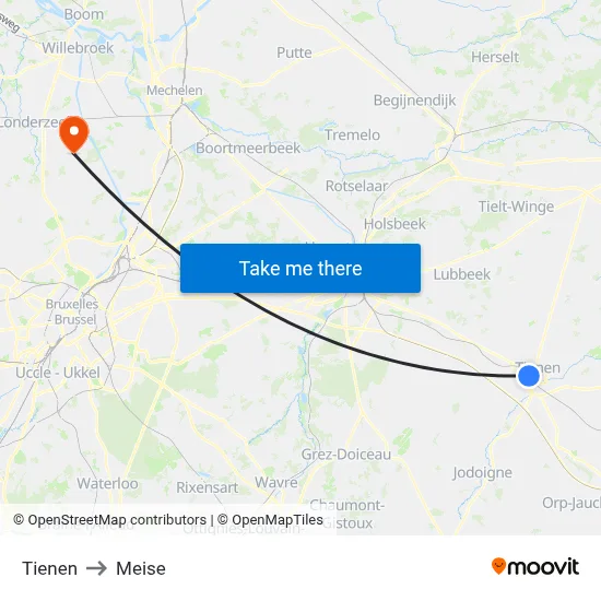 Tienen to Meise map