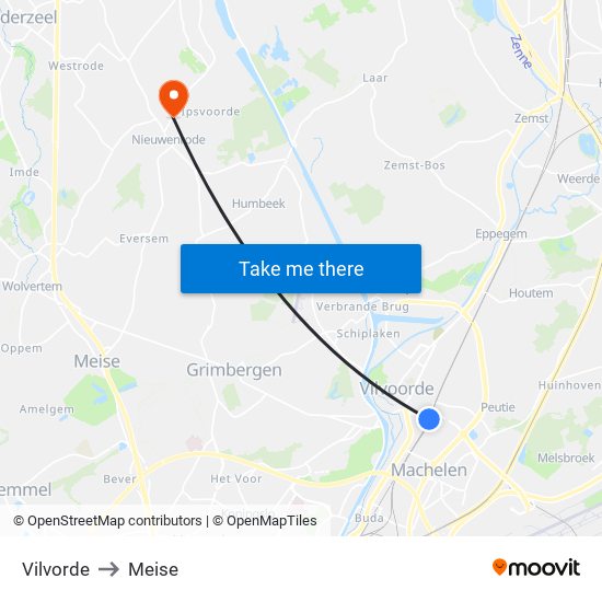 Vilvorde to Meise map