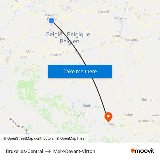 Bruxelles-Central to Meix-Devant-Virton map