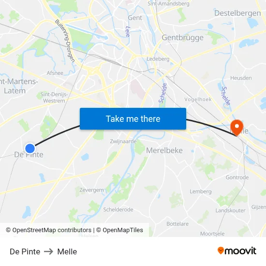 De Pinte to Melle map