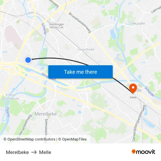 Merelbeke to Melle map