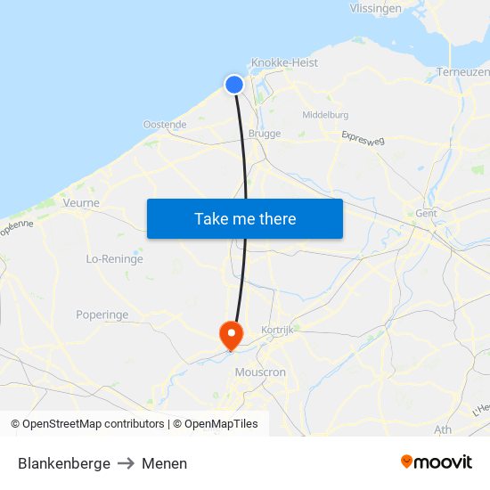 Blankenberge to Menen map