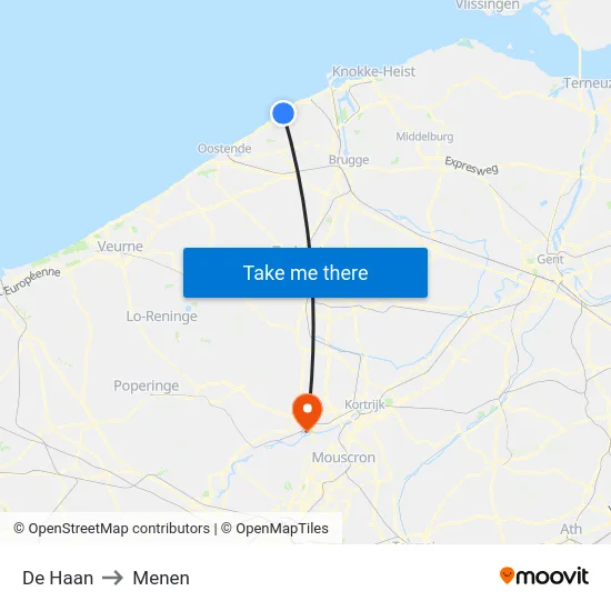 De Haan to Menen map