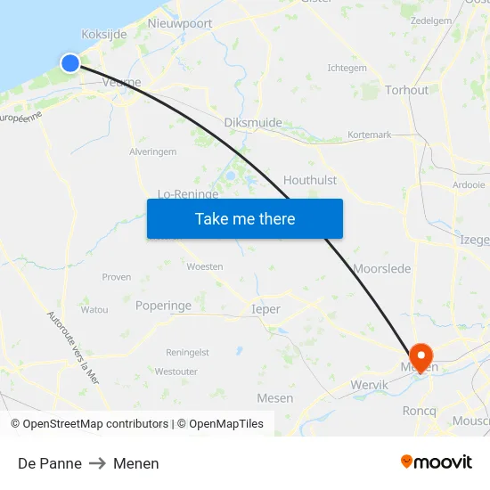 De Panne to Menen map