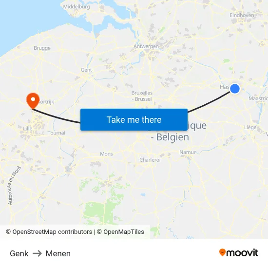 Genk to Menen map