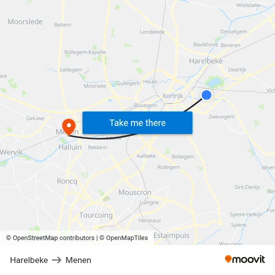Harelbeke to Menen map