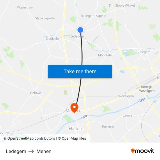 Ledegem to Menen map
