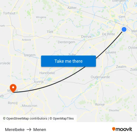 Merelbeke to Menen map