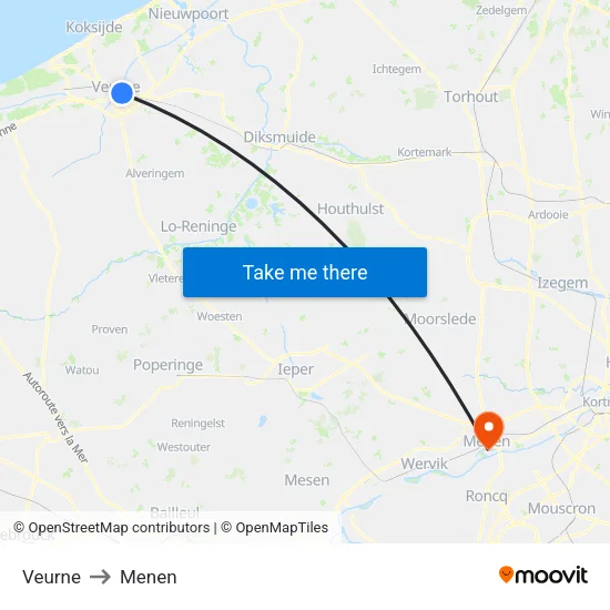 Veurne to Menen map