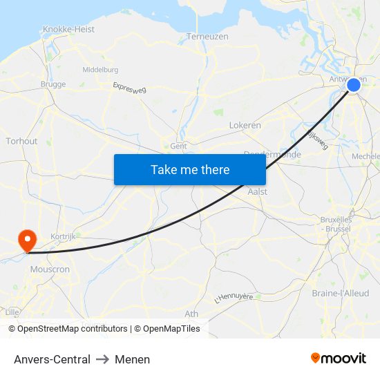 Anvers-Central to Menen map