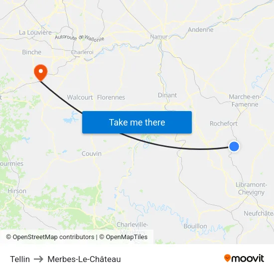 Tellin to Merbes-Le-Château map