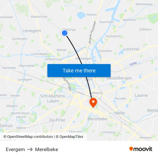 Evergem to Merelbeke map