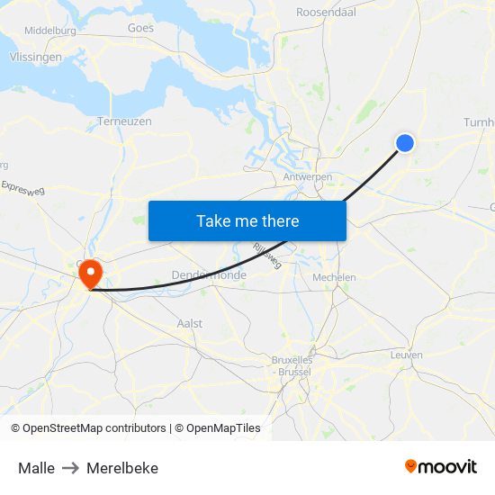 Malle to Merelbeke map