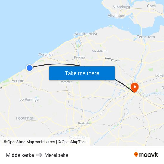 Middelkerke to Merelbeke map