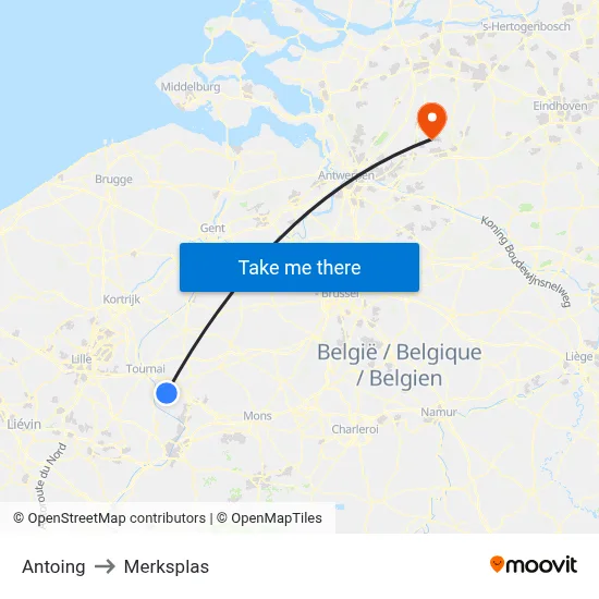 Antoing to Merksplas map