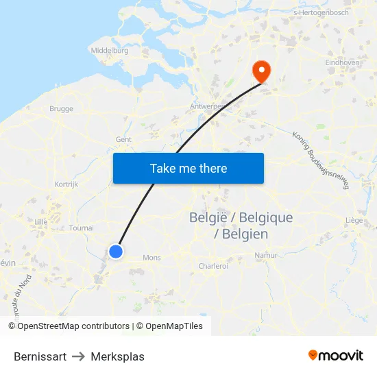 Bernissart to Merksplas map