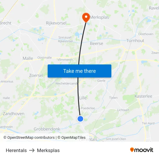 Herentals to Merksplas map
