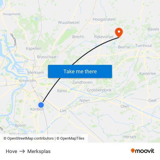 Hove to Merksplas map