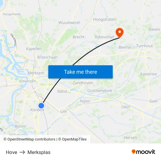 Hove to Merksplas map