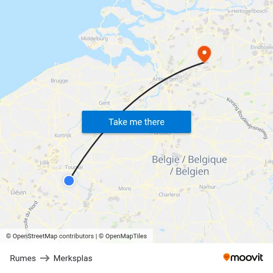 Rumes to Merksplas map
